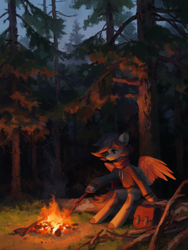 Size: 4000x5322 | Tagged: safe, artist:koviry, derpibooru import, oc, oc only, oc:tayer, pegasus, pony, backpack, brown mane, brown tail, campfire, clothes, coat markings, colored eartips, colored hooves, colored wings, commission, detailed background, ear fluff, ears, fire, forest, forest background, freckles, grass, hoodie, hoof hold, male, nature, night, pegasus oc, scarf, short mane, sitting, smiling, smoke, solo, splotches, spread wings, stallion, stick, tail, tree, two toned mane, two toned tail, two toned wings, wingding eyes, wings
