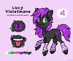 Size: 2500x2100 | Tagged: safe, artist:sokoistrying, derpibooru import, oc, oc only, oc:lucy violetmane, earth pony, pony, black fur, butt, clothes, color palette, cute, cutie mark, emoji, eyelashes, femboy, green eyes, hooves, male, mouth, open mouth, pink background, plot, purple mane, purple tail, reference sheet, simple background, smiling, socks, solo, stallion, striped socks, tail, text