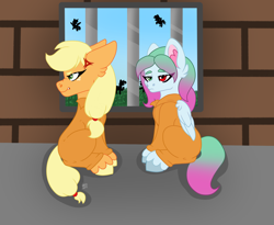 Size: 2254x1850 | Tagged: safe, artist:honeyofpeaches, derpibooru import, applejack, oc, oc:cobalt skies, pony, clothes, duo, jail, jail cell, jumpsuit, prison, prison cell, prison outfit, prisoner, prisoner aj, unshorn fetlocks