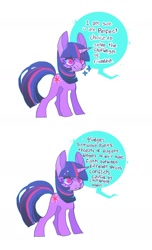 Size: 1134x1869 | Tagged: safe, artist:cutesykill, derpibooru import, part of a set, twilight sparkle, unicorn twilight, pony, unicorn, g4, 2 panel comic, alternate eye color, beanbrows, big ears, colored eyelashes, colored pinnae, comic, concave belly, dialogue, ears, emanata, eyebrows, female, frown, horn, implied princess celestia, mare, multicolored mane, multicolored tail, pink eyes, purple mane, purple tail, simple background, smiling, solo, sparkles, speech bubble, standing, tail, talking, white background, wingding eyes