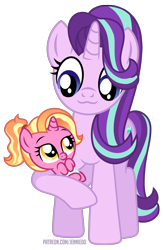 Size: 4394x6741 | Tagged: safe, artist:jennieoo, derpibooru import, luster dawn, starlight glimmer, pony, unicorn, g4, :3, baby, baby luster dawn, baby pony, commission, cute, diaper, duo, family, female, filly, filly luster dawn, foal, holding a pony, horn, looking at each other, luster dawn is starlight's and sunburst's daughter, mare, mother and child, mother and daughter, parent and child, parent:starlight glimmer, parent:sunburst, parents:starburst, simple background, smiling, smiling at each other, transparent background, vector