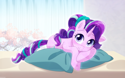 Size: 1200x750 | Tagged: safe, artist:riouku, derpibooru import, starlight glimmer, crystal pony, pony, unicorn, blushing, commission, crystallized, horn, looking at you, lying down, pillow, prone, resting, smiling, smiling at you, solo