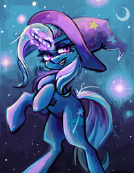 Size: 3500x4500 | Tagged: safe, artist:konowar, derpibooru import, trixie, pony, unicorn, g4, belly, bipedal, clothes, hat, horn, magic, moon, rearing, solo, trixie's hat