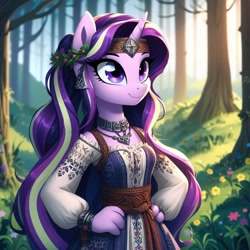 Size: 1024x1024 | Tagged: safe, ai content, derpibooru import, machine learning generated, starlight glimmer, anthro, unicorn, clothes, cyrillic, female, forest, horn, nature, russian, slavic, solo, tree