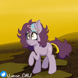 Size: 2048x2048 | Tagged: safe, artist:juniverse, derpibooru import, oc, oc:juniverse, earth pony, pony, colored, exploring, planet, rocky planet, solo, space pony, venus, walking, yellow sky