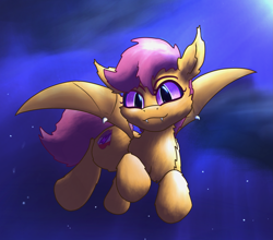 Size: 1747x1535 | Tagged: safe, artist:gosha305, derpibooru import, scootaloo, bat pony, pony, g4, bat ponified, bat wings, cheek fluff, chest fluff, crepuscular rays, cute, digital art, ear fluff, ears, fangs, female, fluffy, flying, full body, looking at you, moonlight, night, night sky, race swap, scootabat, scootaloo can fly, sky, sky background, slit eyes, smiling, smiling at you, solo, spread wings, wings