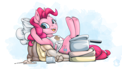 Size: 2560x1440 | Tagged: safe, artist:mysticalpha, derpibooru import, pinkie pie, earth pony, pony, g4, apron, chef's hat, clothes, female, flour, flour sack, hat, hooves behind head, lying down, mare, on back, open mouth, open smile, reclining, signature, simple background, sitting, smiling, solo, white background