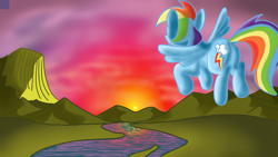 Size: 3840x2160 | Tagged: safe, artist:dhm, derpibooru import, rainbow dash, pony, cloud, digital art, flying, from behind, meadow, mountain, reflection, river, scenery, solo, sunrise, sunset, water