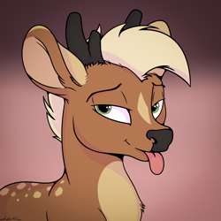 Size: 4133x4133 | Tagged: safe, artist:whyvernad, derpibooru import, oc, oc only, oc:nik, deer, black nose, gradient background, horns, male, solo, tongue, tongue out, white hair