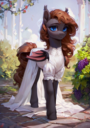 Size: 720x1024 | Tagged: safe, ai content, derpibooru import, generator:pony diffusion v6 xl, generator:stable diffusion, machine learning generated, oc, oc only, bat pony, clothes, dress, female, prompter:radioglitch, solo, wedding dress