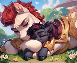 Size: 1024x840 | Tagged: safe, ai content, derpibooru import, generator:pony diffusion v6 xl, generator:stable diffusion, machine learning generated, oc, oc only, bat pony, earth pony, armor, female, filly, foal, hug, male, male and female, prompter:radioglitch