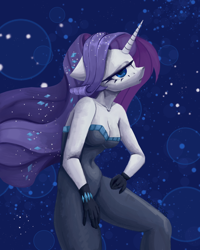 Size: 2000x2500 | Tagged: safe, artist:anastas, derpibooru import, rarity, anthro, pony, unicorn, better together, equestria girls, g4, the other side, abstract background, bare shoulders, beautiful, belly button, bodysuit, breasts, cleavage, clothes, ears, eyelashes, eyeshadow, female, floppy ears, flowing mane, gem, gemstones, gloves, hand on hip, horn, jojo pose, lidded eyes, looking at you, makeup, raritits, sexy, solo, sternocleidomastoid, strapless, stupid sexy rarity, unitard