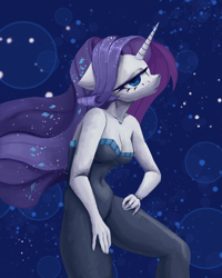 Size: 2000x2500 | Tagged: safe, alternate version, artist:anastas, derpibooru import, rarity, anthro, pony, unicorn, equestria girls, equestria girls series, g4, the other side, abstract background, bare shoulders, beautiful, belly button, bodysuit, breasts, cleavage, clothes, ears, eyelashes, eyeshadow, female, floppy ears, flowing mane, gem, gemstones, hand, hand on hip, horn, jojo pose, lidded eyes, looking at you, makeup, raritits, sexy, solo, sternocleidomastoid, strapless, stupid sexy rarity, unitard