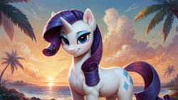 Size: 1920x1080 | Tagged: safe, ai content, derpibooru import, generator:pony diffusion v6 xl, generator:stable diffusion, machine learning generated, rarity, pony, unicorn, g4, beach, cute, female, horn, looking at you, mare, outdoors, palm tree, prompter:truekry, smiling, smiling at you, solo, sunset, tree, wallpaper