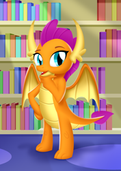 Size: 2480x3508 | Tagged: safe, artist:leonkay, derpibooru import, smolder, dragon, book, bookshelf, dragoness, female, hand on chin, library, solo, spread wings, wings