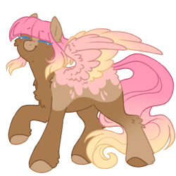 Size: 1000x1000 | Tagged: safe, artist:kazmuun, derpibooru import, oc, oc only, oc:sundae morning, pegasus, pony, ^^, blaze (coat marking), blue eyelashes, blush lines, blushing, body markings, closed mouth, coat markings, colored eyelashes, colored hooves, colored wings, colored wingtips, eyes closed, facial markings, female, gradient legs, gradient mane, gradient tail, gradient wings, mare, mismatched hooves, multicolored wings, partially open wings, pegasus oc, raised hoof, raised leg, simple background, smiling, solo, standing, tail, transparent background, wings