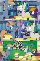 Size: 1920x2948 | Tagged: safe, artist:alexdti, derpibooru import, oc, oc:brainstorm (alexdti), oc:purple creativity, oc:star logic, pegasus, pony, unicorn, comic:quest for friendship retold, blushing, book, comic, covering, embarrassed, horn, implied twilight sparkle, library, male, stallion, tail, tail covering, twilight's castle, twilight's castle library