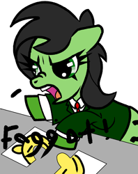 Size: 2703x3412 | Tagged: safe, artist:scandianon, derpibooru import, oc, oc only, oc:anon filly, angry, ears back, faggot, female, filly, foal, furrowed brow, open mouth, pointing, puzzle, scrunchy face, simple background, slur, table, vulgar, white background, yelling