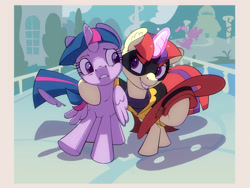 Size: 1600x1200 | Tagged: safe, artist:gor1ck, derpibooru import, moondancer, twilight sparkle, twilight sparkle (alicorn), alicorn, pony, unicorn, cape, clothes, costume, duo, feather, hat, horn, mask, negaduck, smiling, smirk, sweater, turtleneck