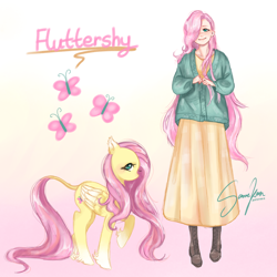 Size: 2048x2048 | Tagged: safe, artist:samekun123, derpibooru import, fluttershy, human, pegasus, pony, alternate hairstyle, boots, cardigan, clothes, coat markings, cute, dress, female, gradient background, hair over one eye, human ponidox, humanized, leonine tail, mare, raised hoof, raised leg, redesign, self paradox, self ponidox, shoes, shyabetes, solo, tail