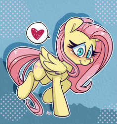 Size: 1777x1874 | Tagged: safe, artist:lou, derpibooru import, fluttershy, pegasus, pony, abstract background, blushing, female, heart, mare, solo, speech bubble