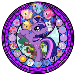 Size: 720x720 | Tagged: safe, artist:akili-amethyst, derpibooru import, apple bloom, applejack, discord, fluttershy, pinkie pie, princess celestia, princess luna, rainbow dash, rarity, scootaloo, spike, sweetie belle, twilight sparkle, alicorn, draconequus, dragon, earth pony, pegasus, pony, unicorn, g4, applejack's cutie mark, cutie mark, cutie mark crusaders, dive to the heart, eyes closed, female, fluttershy's cutie mark, horn, kingdom hearts, mane seven, mane six, mare, pinkie pie's cutie mark, rainbow dash's cutie mark, rarity's cutie mark, rearing, stained glass, twilight sparkle's cutie mark