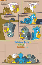 Size: 3000x4638 | Tagged: safe, artist:rupert, derpibooru import, gabby, gallus, gilda, griffon, series:catbird 3's colossal squish program, g4, butt, comic, dialogue, eyes closed, female, gabbooty, gallass, gildonk, hanging, hanging upside down, hug, imminent weight gain, implied rainbow dash, implied smolder, implied spike, incentive drive, invitation, lying down, male, no pupils, pale belly, paper, prologue, prone, reading, rubbing hands, simple background, smiling, tablet, this will end in weight gain, tongue, tongue out, tree, trio, upside down