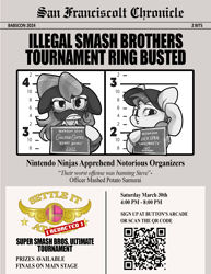 Size: 1700x2200 | Tagged: safe, artist:midnightpremiere, derpibooru import, oc, oc:golden gates, oc:silver span, babscon, babscon mascots, barbie mugshot meme, meme, mugshot, qr code, super smash bros., super smash bros. ultimate