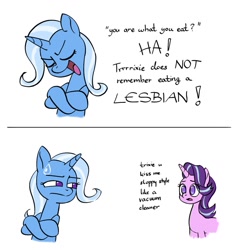 Size: 1148x1200 | Tagged: safe, artist:gummylovesart, derpibooru import, starlight glimmer, trixie, pony, unicorn, g4, 2 panel comic, bipedal, comic, crossed arms, duo, duo female, eyes closed, female, horn, lesbian, mare, open mouth, shipping, startrix, sweat, sweatdrop