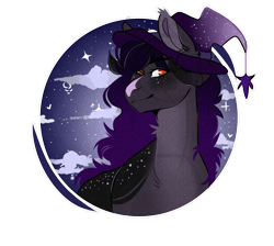 Size: 1200x1075 | Tagged: safe, artist:dejji_vuu, derpibooru import, oc, oc:mantra lucinda altar, pony, bust, female, hat, horns, mare, portrait, solo, witch hat