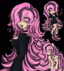 Size: 1848x2048 | Tagged: safe, artist:plushvamp, derpibooru import, fluttershy, human, pony, undead, vampire, black background, black dress, choker, clothes, dress, ear piercing, elf ears, emoshy, fangs, female, hair over one eye, heart, heart tongue, high heels, lip piercing, piercing, shoes, simple background, snake bites, swirly eyes, wingless