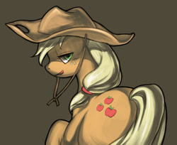 Size: 1502x1227 | Tagged: safe, artist:eruzadoru, derpibooru import, applejack, earth pony, pony, g4, applejack's hat, butt, clothes, cowboy hat, female, hat, licking, licking lips, looking back, mare, pixiv, plot, simple background, solo, tongue, tongue out