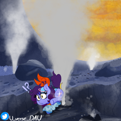 Size: 2410x2396 | Tagged: safe, artist:juniverse, derpibooru import, oc, oc:juniverse, earth pony, pony, clothes, clumsy, curious, europa, fact, getting into trouble, geyser, jupiter, planet, ribbon, satellite, silly, space pony, surprised, sweater, ups