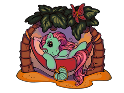 Size: 800x600 | Tagged: safe, artist:glorioustragedykid, derpibooru import, minty, butterfly, earth pony, pony, g3, alternate eye color, beach, blue eyes, colored pinnae, coloring page, countershading, eyelashes, eyeshadow, fan, female, green coat, hammock, hand fan, hoof hold, hoof on chest, long mane, long tail, lying down, makeup, mare, palm tree, pink mane, pink tail, profile, sand, simple background, smiling, solo, sunset, tail, tree, tropical, wavy mane, wavy tail, white background, wingding eyes