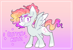 Size: 1197x818 | Tagged: safe, artist:bunnykitty13, derpibooru import, oc, oc only, oc:glitter blitz, pegasus, pony, g4, :3, ambiguous gender, big ears, border, coat markings, colored eartips, colored eyebrows, colored eyelashes, colored muzzle, colored wings, colored wingtips, curly hair, curly mane, curly tail, ears, eyelashes, fusion, fusion:rainbow dash, fusion:rarity, gradient background, gradient mane, gradient tail, hair bun, hoof fluff, looking at you, pegasus oc, purple eyes, short, smiling, smiling at you, socks (coat marking), solo, sparkly mane, sparkly tail, spread wings, standing, tail, two toned wings, wingding eyes, wings