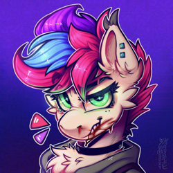 Size: 3500x3500 | Tagged: safe, alternate version, artist:yumkandie, derpibooru import, oc, oc only, oc:pedals, pegasus, pony, blood, bust, cheek fluff, chest fluff, choker, commission, ear fluff, ear piercing, ears, freckles, glowing, glowing eyes, gradient background, grin, multiple variants, piercing, smiling, solo, teeth, tricolor mane