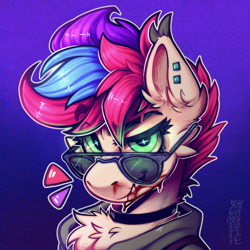Size: 3500x3500 | Tagged: safe, alternate version, artist:yumkandie, derpibooru import, oc, oc only, oc:pedals, pegasus, pony, blood, bust, cheek fluff, chest fluff, choker, commission, ear fluff, ear piercing, ears, freckles, glowing, glowing eyes, gradient background, grin, multiple variants, piercing, smiling, solo, sunglasses, teeth, tricolor mane