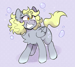 Size: 1594x1420 | Tagged: safe, artist:bunnykitty13, derpibooru import, derpy hooves, pegasus, pony, g4, :3, alternate hairstyle, beanbrows, big ears, bubble, chest fluff, colored eyebrows, curly hair, curly mane, derp, ear fluff, ears, eye clipping through hair, eyebrows, eyebrows visible through hair, female, folded wings, golden eyes, gradient legs, gray coat, mare, purple background, shadow, short, short mane, simple background, smiling, solo, standing, tail, wingding eyes, wings, yellow mane, yellow tail