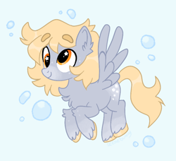 Size: 764x696 | Tagged: safe, artist:bunnykitty13, derpibooru import, derpy hooves, pegasus, pony, g4, alternate color palette, alternate design, alternate hairstyle, artist, blonde, blonde mane, blonde tail, blue background, bubble, chest fluff, coat markings, colored eyebrows, colored hooves, colored muzzle, derp, design, ear fluff, ears, eyebrows, eyebrows visible through hair, female, flying, freckles, golden eyes, gray coat, leg fluff, long mane, long tail, mare, redesign, short mane, simple background, smiling, socks (coat marking), solo, spread wings, starry eyes, tail, unshorn fetlocks, vector, wingding eyes, wings, yellow mane, yellow tail