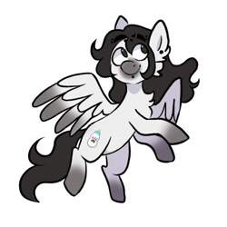 Size: 500x500 | Tagged: safe, artist:bunnykitty13, derpibooru import, oc, oc only, pegasus, pony, ambiguous gender, black mane, black tail, cheek fluff, coat markings, colored muzzle, colored wings, colored wingtips, ear fluff, ear piercing, earring, ears, eye clipping through hair, eyebrow piercing, eyebrow slit, eyebrows, eyebrows visible through hair, flying, gradient legs, gray eyes, jewelry, labret, lip piercing, long mane, long tail, looking up, pegasus oc, piercing, simple background, smiling, socks (coat marking), solo, spread wings, tail, two toned wings, unnamed oc, wavy mane, wavy tail, white background, white coat, windswept mane, wingding eyes, wings