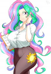 Size: 1280x1837 | Tagged: safe, artist:a.s.e, derpibooru import, princess celestia, principal celestia, human, equestria girls, g4, breasts, clipboard, clothes, cutie mark on clothes, female, humanized, long hair, princess breastia, simple background, solo, white background