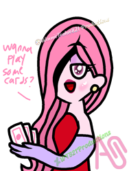 Size: 768x1024 | Tagged: safe, artist:wt821productions, derpibooru import, oc, oc only, oc:annisa trihapsari, equestria girls, g4, blushing, dialogue, ear piercing, equestria girls-ified, jessica rabbit, lips, lipstick, looking at you, open mouth, open smile, piercing, playing card, simple background, smiling, solo, transparent background, watermark, who framed roger rabbit