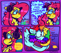 Size: 2048x1813 | Tagged: safe, artist:yumkandie, derpibooru import, fluttershy, rainbow dash, pegasus, pony, g4, 4 panel comic, :<, banana, blushing, chest fluff, comic, cross-popping veins, dialogue, duo, duo female, emanata, female, food, headphones, heart, lesbian pride flag, mare, pride, pride flag, smiling, speech bubble, transgender pride flag, vulgar, wings