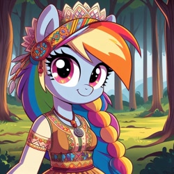 Size: 1024x1024 | Tagged: safe, ai content, derpibooru import, machine learning generated, rainbow dash, anthro, blushing, clothes, cyrillic, female, forest, jewelry, nature, necklace, russian, slavic, solo, tree
