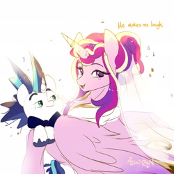 Size: 2048x2048 | Tagged: safe, artist:mikkybun, derpibooru import, princess cadance, shining armor, alicorn, pony, unicorn, alternate hairstyle, bowtie, chibi, clothes, dress, duo, duo male and female, female, high res, horn, male, mare, meme, shiningcadance, shipping, simple background, stallion, straight, the bride and the ugly ass groom, veil, wedding dress, wedding veil, white background