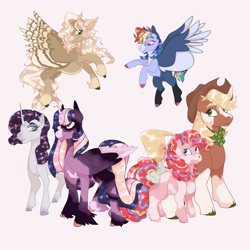 Size: 2000x2000 | Tagged: safe, artist:chimerabytes, derpibooru import, applejack, fluttershy, pinkie pie, rainbow dash, rarity, twilight sparkle, twilight sparkle (alicorn), alicorn, earth pony, pegasus, pony, unicorn, alternate design, bow, coat markings, flying, high res, horn, long feather, mane six, patterned wings, size difference, socks (coat marking), spread wings, tail, tail bow, unshorn fetlocks, wings