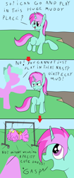 Size: 2000x4749 | Tagged: safe, artist:amateur-draw, derpibooru import, oc, oc only, oc:belle boue, earth pony, unicorn, 3 panel comic, bait and switch, clothes, comic, dress, female, horn, male, mare, mother, mother and child, mother and son, mud, parent and child, stallion, text