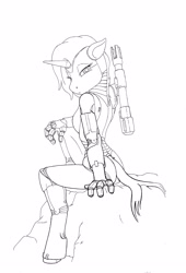 Size: 2718x3999 | Tagged: safe, artist:azirik, derpibooru import, oc, oc only, anthro, cyborg, unguligrade anthro, unicorn, female, horn, lineart, looking back, monochrome, rock, simple background, sitting, solo, weapon, white background