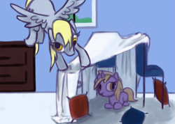 Size: 1025x731 | Tagged: safe, artist:glossyhooves, derpibooru import, derpy hooves, dinky hooves, pegasus, unicorn, g4, chair, female, flying, fort, horn, mother and child, mother and daughter, parent and child