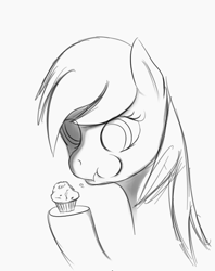 Size: 495x625 | Tagged: safe, artist:jailbait, derpibooru import, derpy hooves, pegasus, chewing, eating, eyepatch, food, monochrome, muffin, simple background, sketch, solo